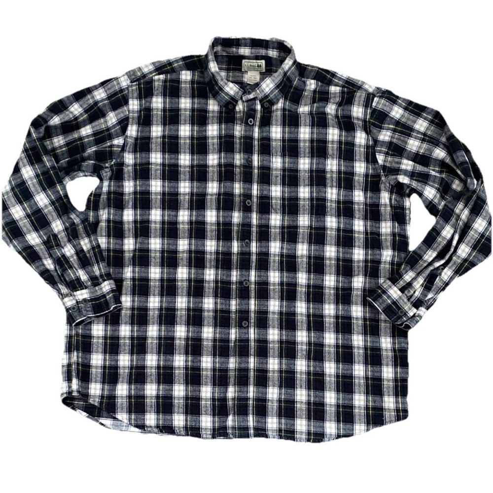 EUC L.L. Bean Scotch Plaid Flannel Shirt Blue Green White Plaid Size 2XL Reg